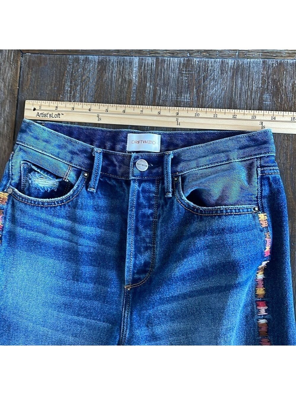Driftwood Royce Straight Crop Jeans in Kaleidoscope Embroidery Size 26 Boho EUC - Picture 11 of 16